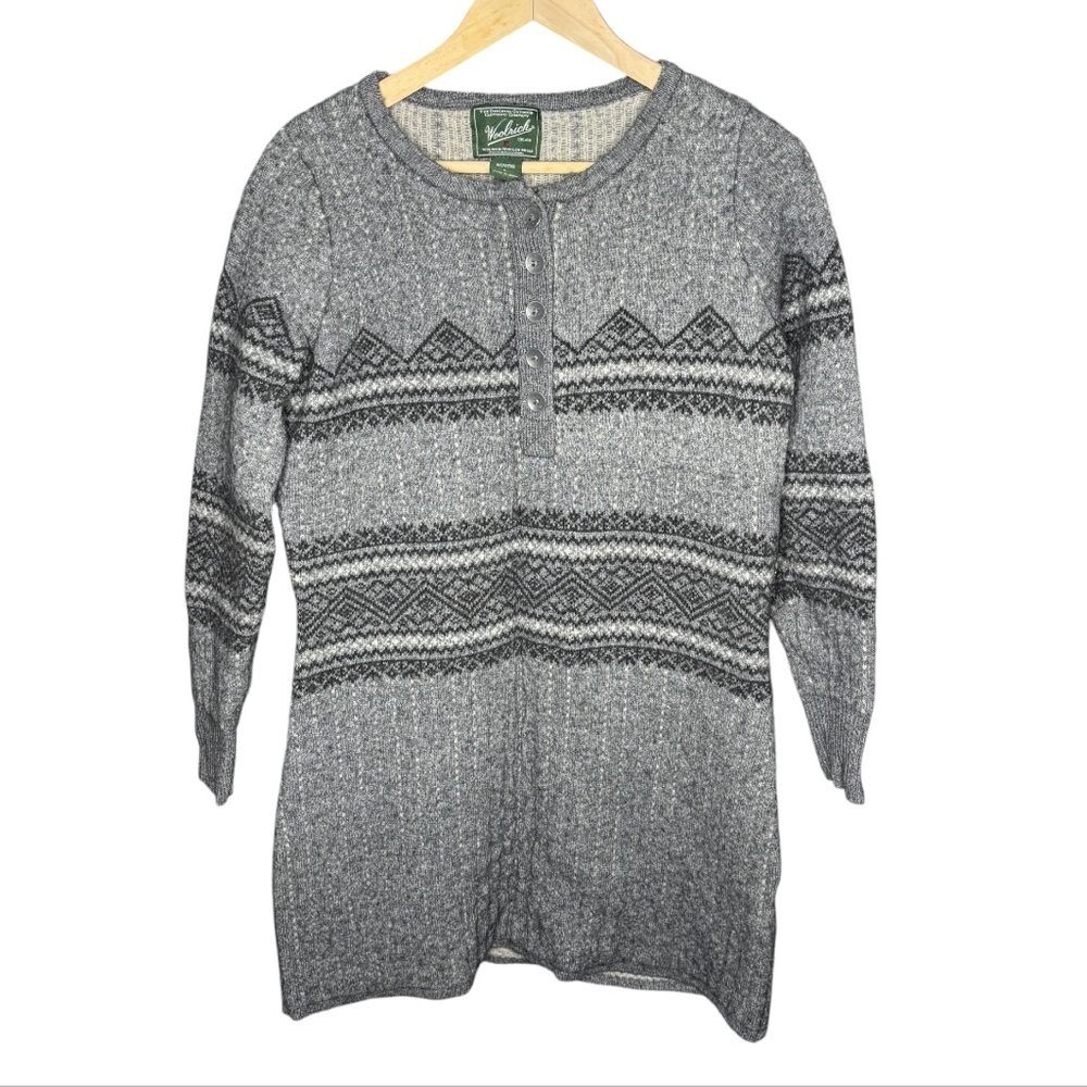 Woolrich Fair Isle Henley Sweater Tunic Large Charcoal Heather Wool Blend